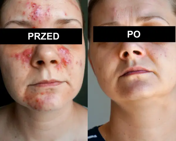 Przed i po: skóra z problemami, widoczne zmiany zapalne, a następnie wygładzona po zastosowaniu kremu na nużeńca.