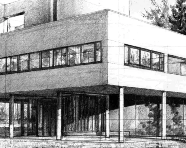 Szkic nowoczesnego domu z przeszklonymi ścianami i tarasem, tworzący harmonijną kompozycję geometryczną.