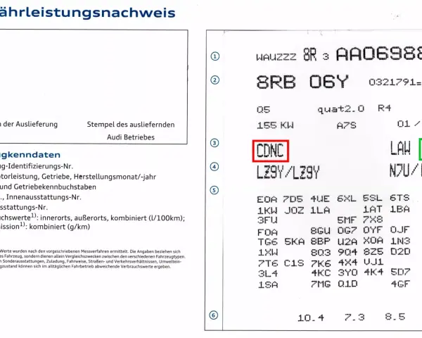 Auf diesem Dokument steht unter "Motor- und Getriebekennbuchstaben" (Punkt 3) "CDNC". Dies verrät, welches Getriebe hat mein Auto.