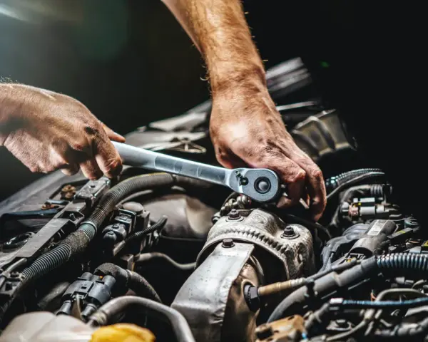Mechanik dokręca śrubę kluczem w silniku samochodu. Widać jego dłonie i fragmenty silnika, być może podczas rutynowej kontroli lub naprawy.