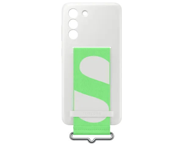 Białe etui na Samsung Galaxy S21 FE z zielonym paskiem i białym logo "S".