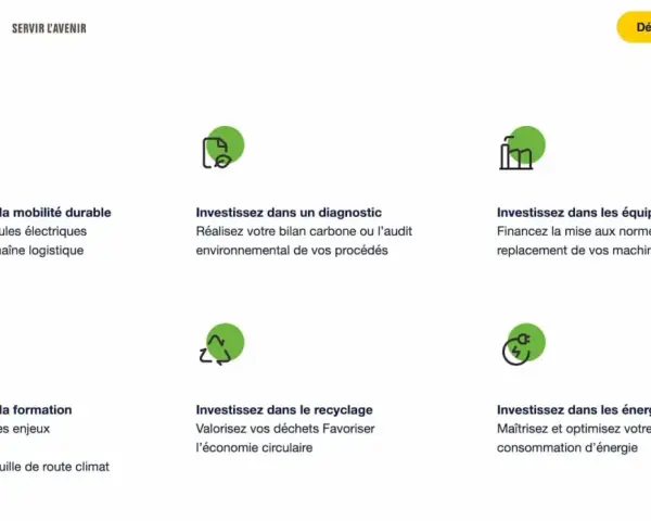 BPI France propose un prêt vert pour financer la mobilité durable, les diagnostics environnementaux, les équipements, la formation, le recyclage et les énergies vertes.