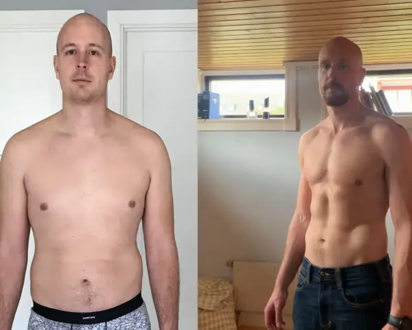 Man före och efter en carnivore diet svenska. Synlig muskelökning och minskad kroppsfett.