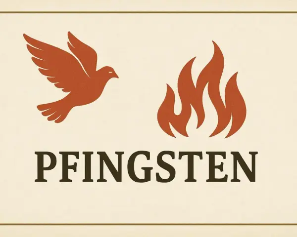 Taube und Flammen über dem Wort PFINGSTEN. Die Pfingsten Bedeutung wird durch diese Symbole für den Heiligen Geist und seine Gaben dargestellt.