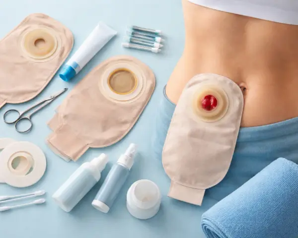 Urostomia: worek stomijny, akcesoria do pielęgnacji i fragment brzucha osoby.