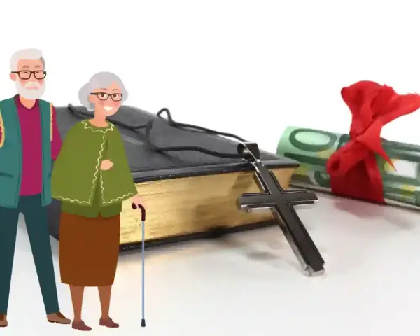 Älteres Paar neben Bibel, Kreuz und Geldrolle. Thema: Rentner zahlen Kirchensteuer.