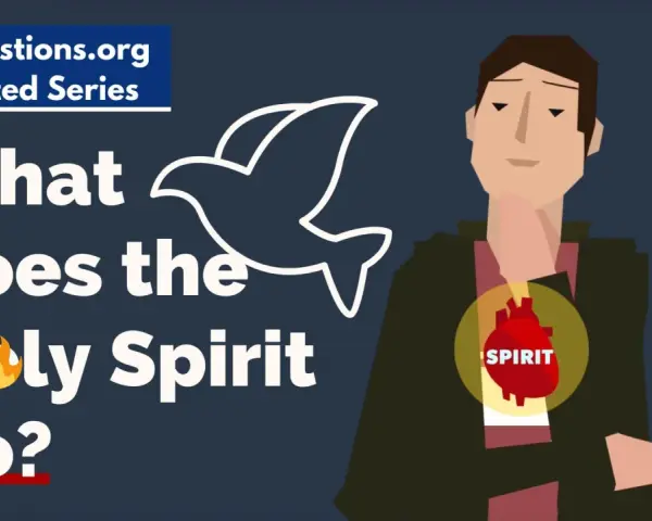 Animated graphic asking "What does the Holy Spirit do?" with a dove symbol and a heart labeled "Spirit" inside a person.