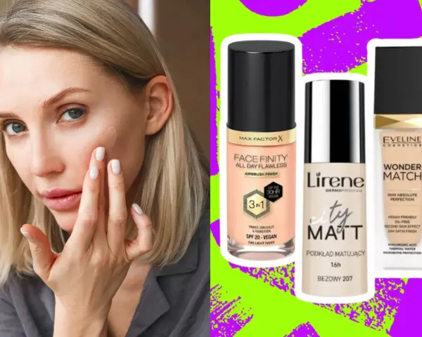 Kobieta aplikuje podkład na twarz, obok kosmetyki Max Factor, Lirene i Eveline. Dowiedz się, jak nakładać podkład dla idealnego efektu.