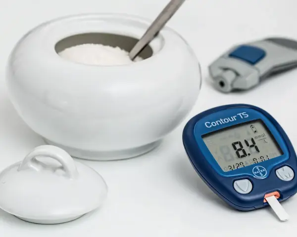 Glukometr pokazuje 8.4 mmol/L. Czy to norma dla hemoglobiny glikowanej? Obok cukiernica i nakłuwacz.