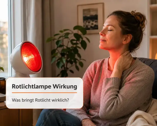 Frau genießt die wohltuende Rotlichtlampe Wirkung am Nacken. Die Wärme entspannt und lindert Verspannungen.