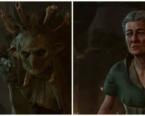Un troll con cuernos y una anciana con tita Ethel BG3, ambos con miradas intensas.