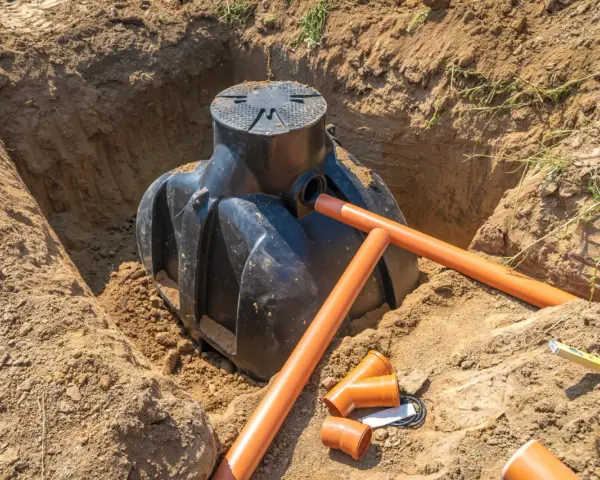 Instalacja szamba w wykopie, przygotowanie do zasypania. Widać rury drenażowe i akcesoria, kluczowe dla prawidłowego montażu i pytania jak głęboko zakopać rury drenażowe.