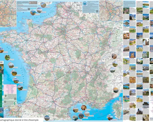 Carte de France touristique avec des photos de sites remarquables. La légende indique la signification des symboles.