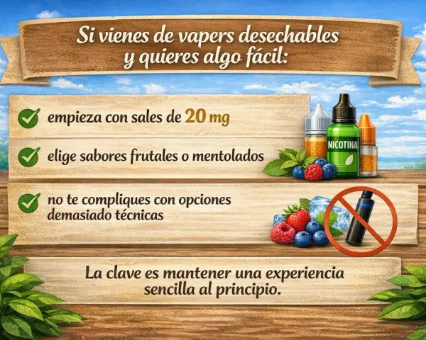 Para empezar fácil, usa sales de nicotina de 20 mg, sabores frutales y evita complicaciones técnicas.