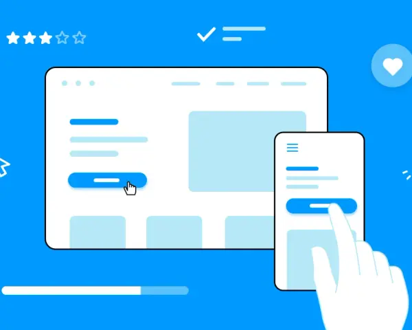 Ein Cursor und eine Hand interagieren mit Benutzeroberflächen, die für ein gutes **interaction design** stehen.