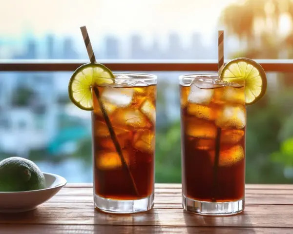 Dwa orzeźwiające drinki z ice tea, lodem i plasterkiem limonki, gotowe do wypicia w letni dzień.