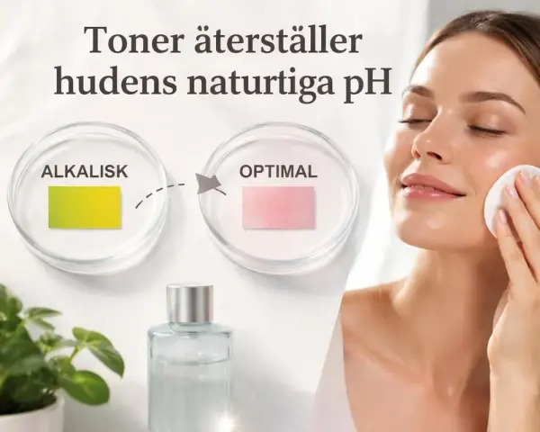 En kvinna applicerar toner med en bomullsrondell. Bilden visar hur tonern återställer hudens naturliga pH, från alkaliskt till optimalt, vilket framhäver vikten av aktiva ingredienser hudvård.