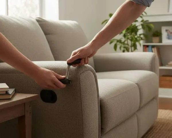 Deux mains actionnent la manivelle pour régler un canapé électrique. Facile à installer, ce fauteuil inclinable électrique est prêt à l'emploi.