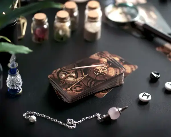 Karta tarota z motywem steampunk, obok wahadełka i run.