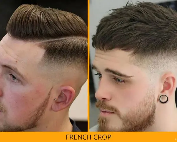 Dos hombres con un corte de pelo moderno, el "French crop", con degradado en los laterales y flequillo desordenado.