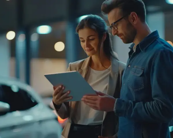 Kobieta i mężczyzna patrzą na tablet, stojąc obok samochodu.