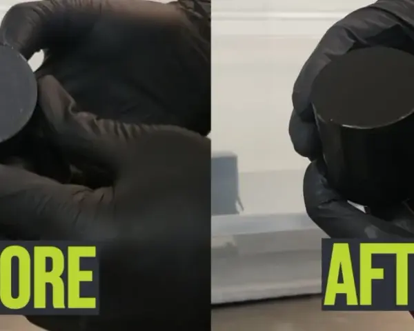 Before and after comparison of a 3D printed part undergoing vapor smoothing, showing a dramatically improved surface finish.