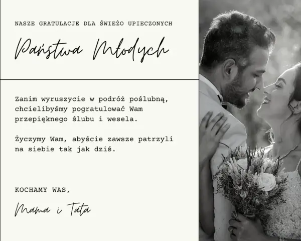 Gratulacje dla Państwa Młodych! Niech Wasza wspólna podróż będzie pełna miłości i radości. Wszystkiego najlepszego na nowej drodze życia!