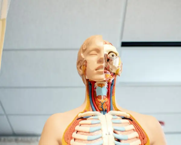 Model anatomiczny pokazuje szczegóły głowy i klatki piersiowej, w tym gardło z widocznymi naczyniami i tchawicą.