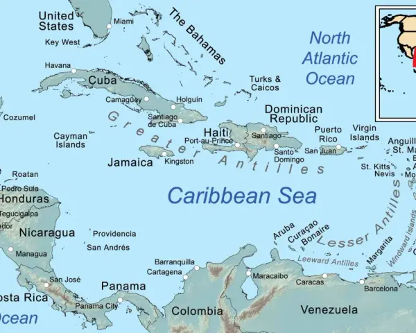 Mapa Karaibów: duża wyspa obok Kuby to Haiti, z Dominikaną i Jamajką.