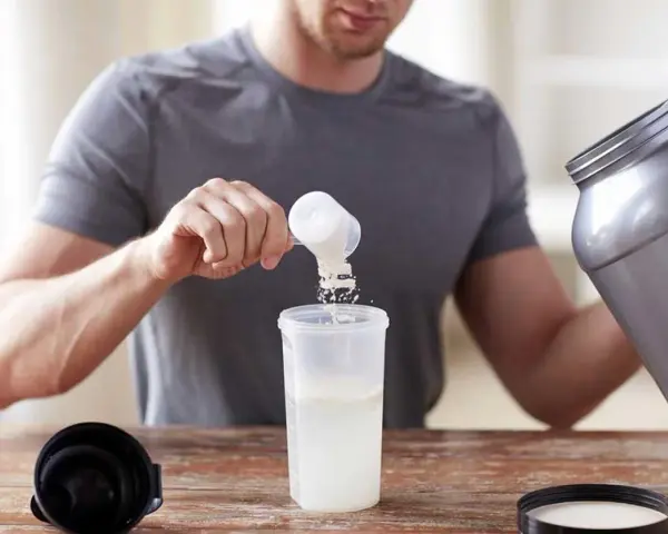 Hombre preparando un batido. Sabe cuándo tomar BCAA para optimizar su entrenamiento.