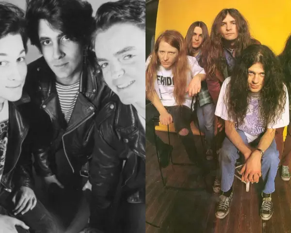 Groupe australien année 90, deux groupes de rock côte à côte, l'un en noir et blanc, l'autre en couleur.