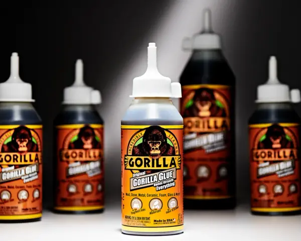 Several bottles of Gorilla Glue are displayed. The front bottle shows "how much weight can Gorilla Glue hold" is a question answered by its "Incredibly Strong" bond.