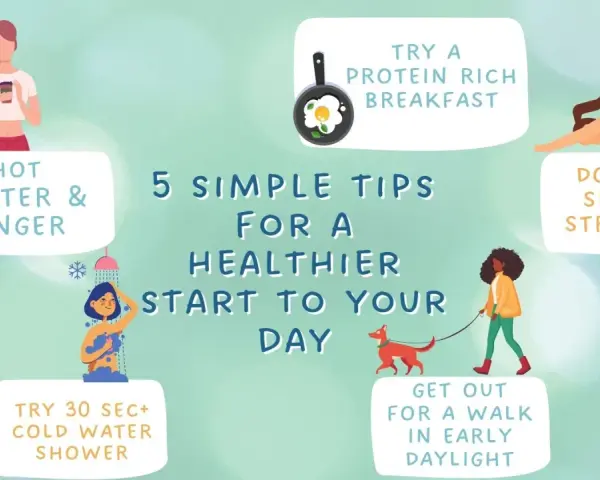 5 simple tips for a healthier start to your day: hot water & ginger, protein breakfast, stretches, cold shower, and a walk in daylight.