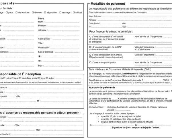 Formulaire de renseignements pour un voyage scolaire, avec sections sur les parents, le responsable de l'inscription et les modalités de paiement.