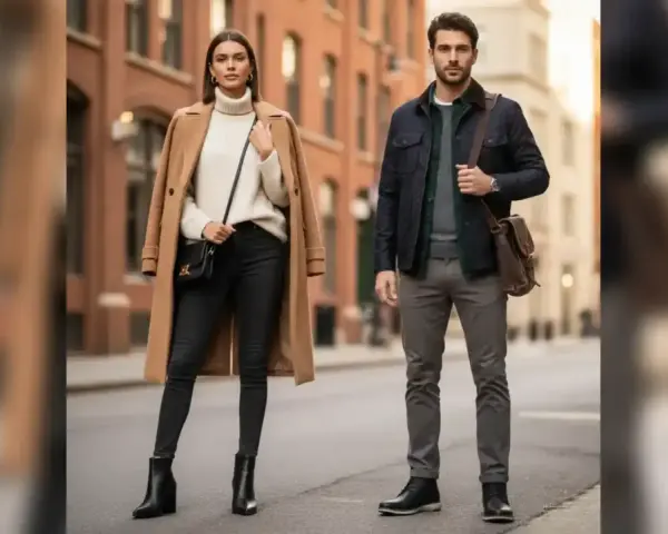 Pareja con estilo urbano. Ella luce un abrigo camel, jersey de cuello alto y pantalones negros con botas. Él, chaqueta azul marino, jersey verde y pantalones grises, con un traje con botas.