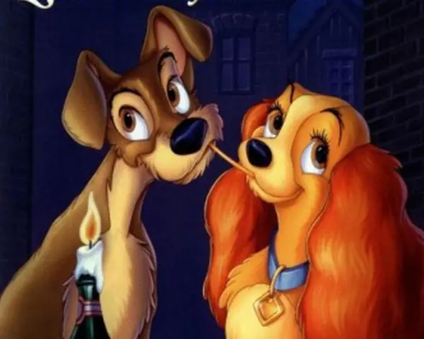 Romantyczna scena z Psim sercem, idealna do rankingu bajek Disneya. Lady i Tramp dzielą spaghetti przy świecy.