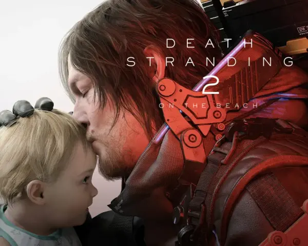 Sam besa a un bebé con alas, bajo el logo de Death Stranding 2. Aún no hay fecha de lanzamiento.