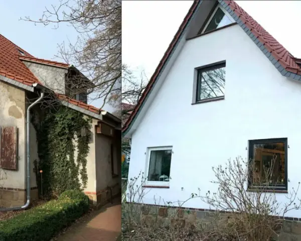 Vorher-Nachher-Vergleich: Altes Haus mit verputzter Fassade und neu verputztes Haus. Die Fassade verputzen Kosten sind hier gut sichtbar.