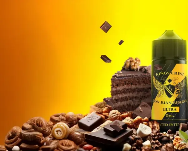 Bote de Kings Crest Don Juan Reserve rodeado de pastel de chocolate, nueces y helado.