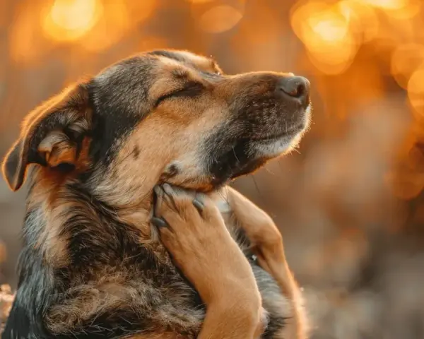 Un chien se gratte le cou, le soleil couchant illumine son pelage. Il a peut-être besoin d'un dermatologue chien.