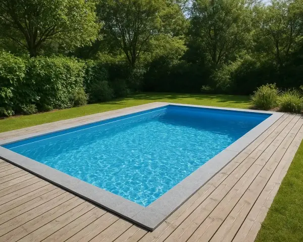 En inbjudande pool med klart blått vatten, omgiven av en träaltan och grönskande träd. Cellplast under poolen ger stabilitet och isolering.