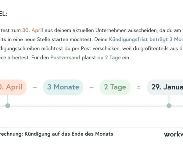 Beispiel: Kündigung zum 30. April bei 3 Monaten Kündigungsfrist und 2 Tagen Postlaufzeit. Dies entspricht dem §622 BGB.