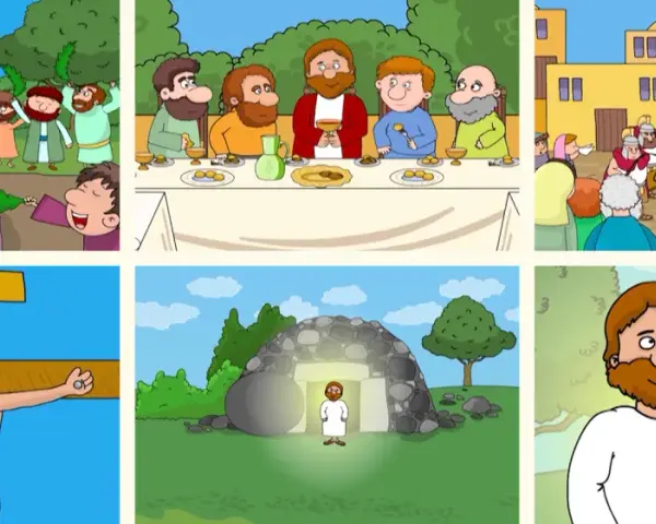 Bilder zeigen den Einzug in Jerusalem, das letzte Abendmahl, die Kreuzigung und die **Wiederauferstehung Jesu** aus dem Grab.