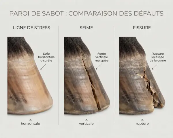 Comparaison des défauts de la paroi de sabot : ligne de stress (horizontale), seime (verticale) et fissure (rupture).