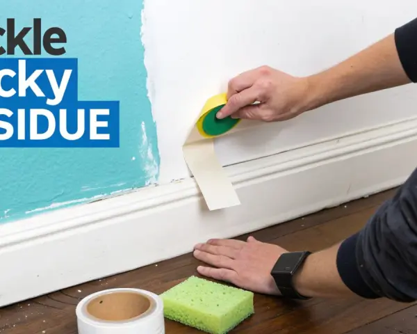 Learn how to get adhesive off wall with this guide. A hand uses a sponge to remove tape residue from a painted wall.