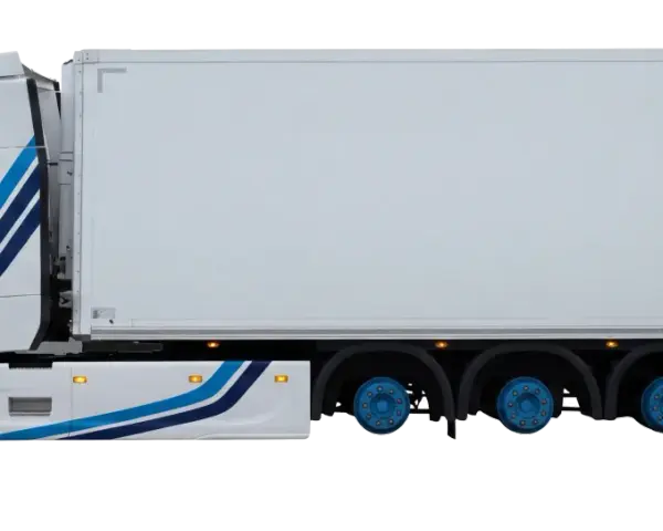 Biała ciężarówka z niebieskimi pasami i logo "TH LOGISTIC" gotowa do transportu.