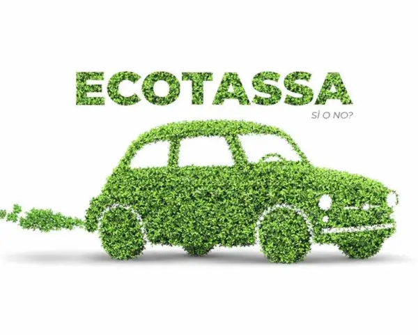 Un'auto verde fatta di foglie, con la scritta "ECOTassa" e "Sì o No?".