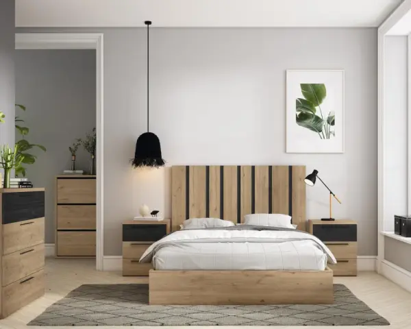 Habitación moderna con cama de madera, mesitas de noche, cómoda y alfombra de diseño. Varios tipos de alfombras se ven en la imagen, aportando calidez.