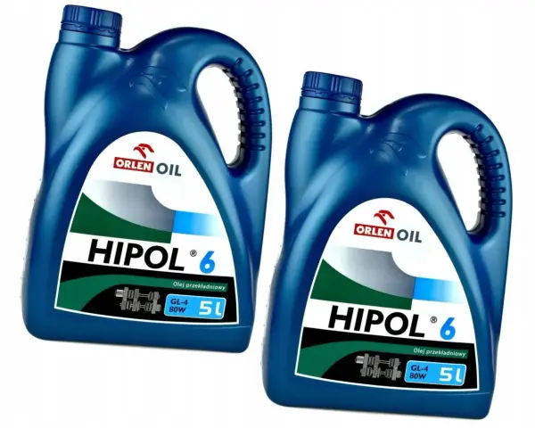 Dwa niebieskie kanistry oleju przekładniowego ORLEN OIL HIPOL 6, każdy po 5 litrów.