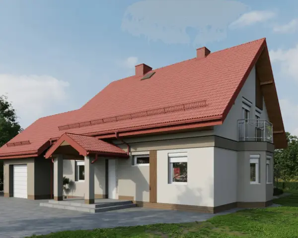 Nowoczesny projekt elewacji domu z czerwonym dachem, garażem i balkonem.